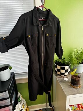 Sharagano Black Zip-Front Trench Coat with Gold Hardware